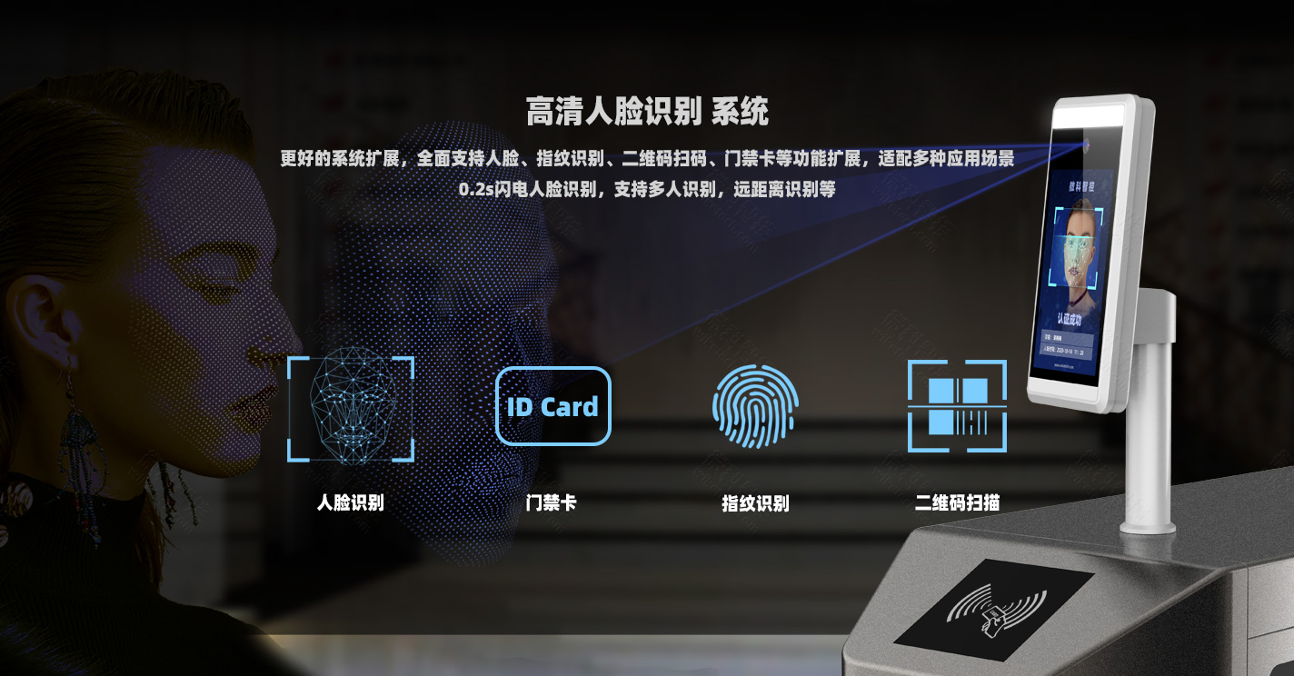 人臉識別系統，支持人臉識別系統、指紋識別系統、二維碼掃碼、門禁卡等功能擴展，適配多種應用場景，0.2s閃電人臉識別，支持多人識別，遠距離識別等