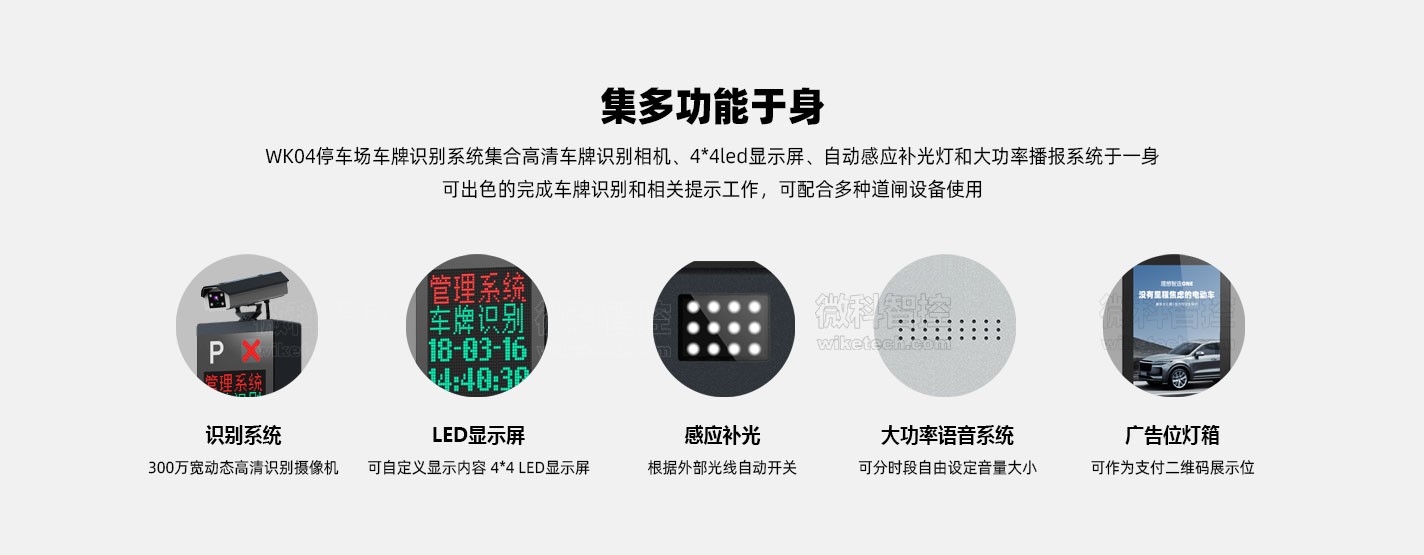 WK03車牌識別系統 具備相機、led顯示屏、補光燈、語音播報、廣告位和一體機箱