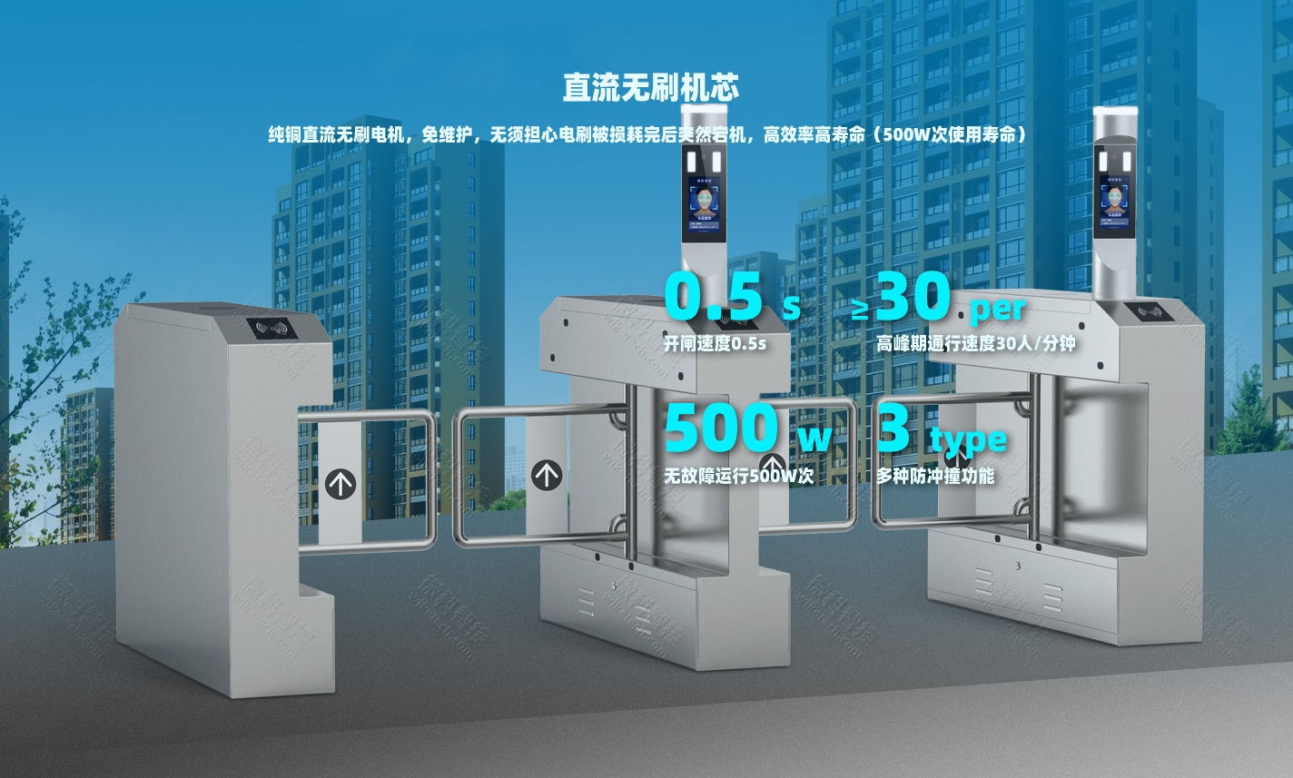 人行擺閘配備直流無刷電機，0.5s開閘速度，30人每分鐘通行速度，500w次無故障運行監測，3種防沖撞模式