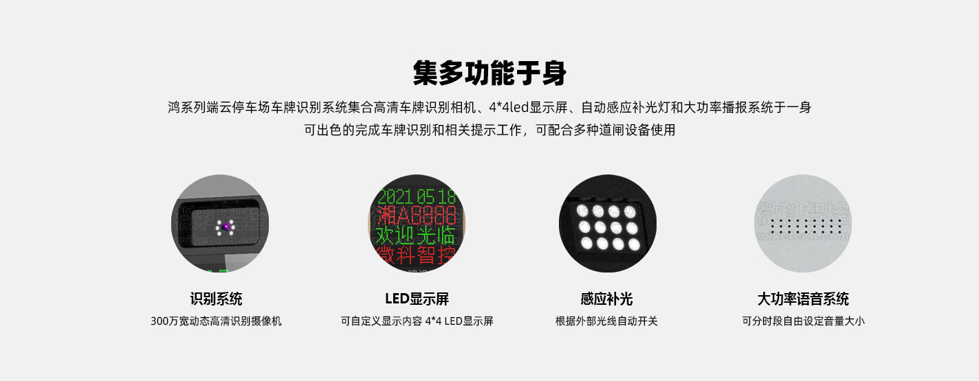鴻系列車牌識別系統集成多種功能，包含識別系統、顯示系統、語音系統和補光系統